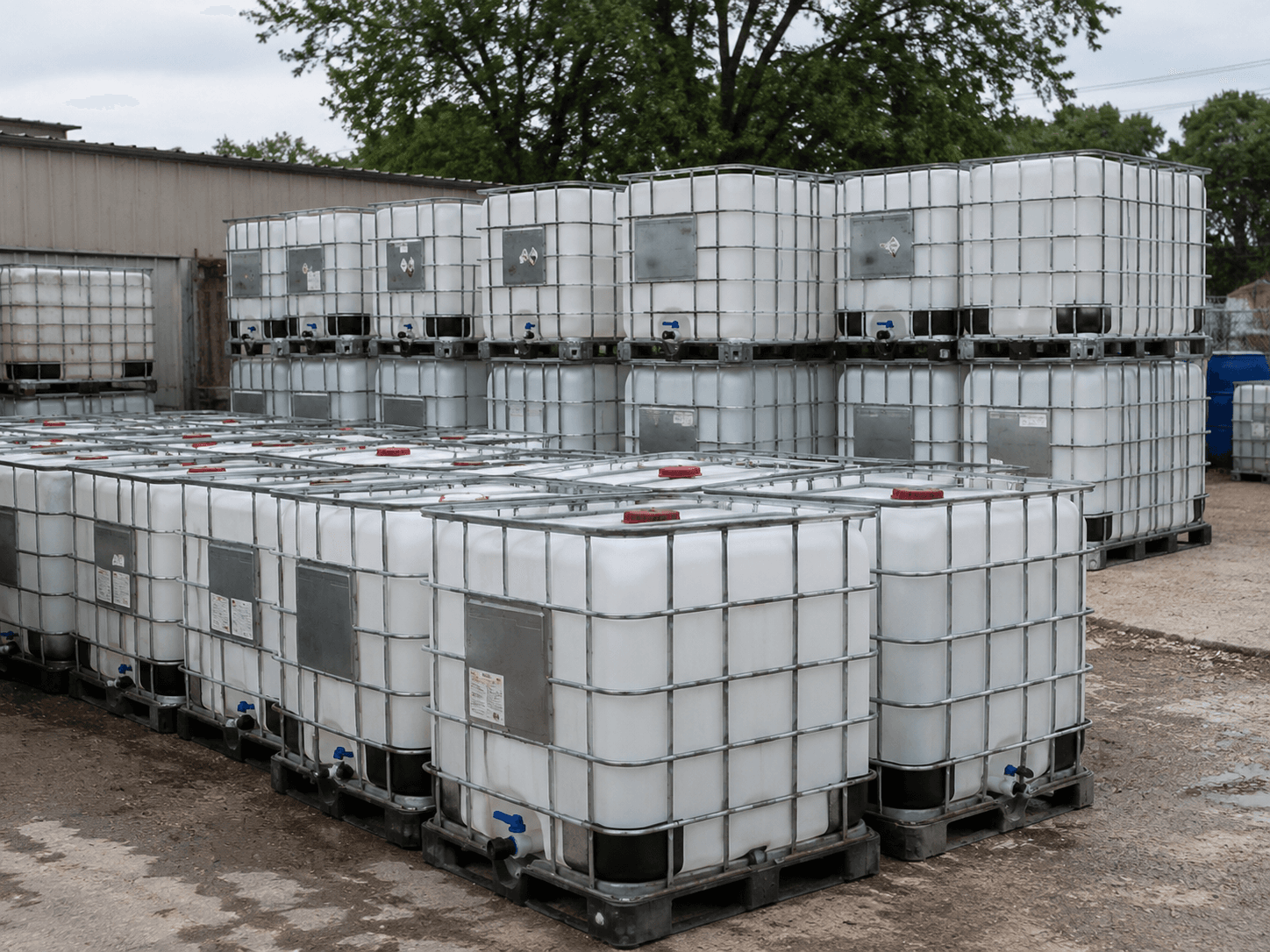 IBC totes stacked and ready for distribution at our outdoor yard